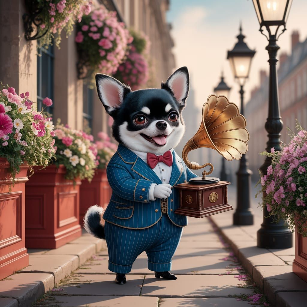 Chihuahua in Vintage Suit with Gramophone, Neo-Impressionist...