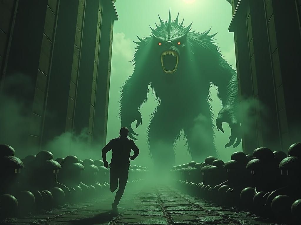 Man Overwhelmed by Dark Fantasy Beasts in Intense Shadowligh...