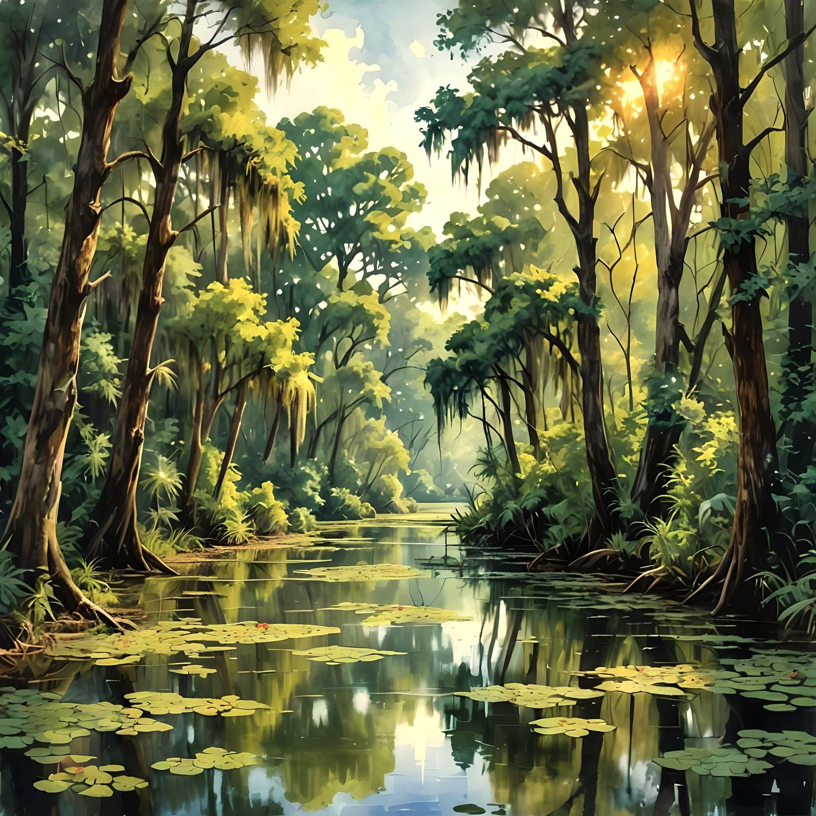 Impressionist Bayou in Gouache and Watercolor Style