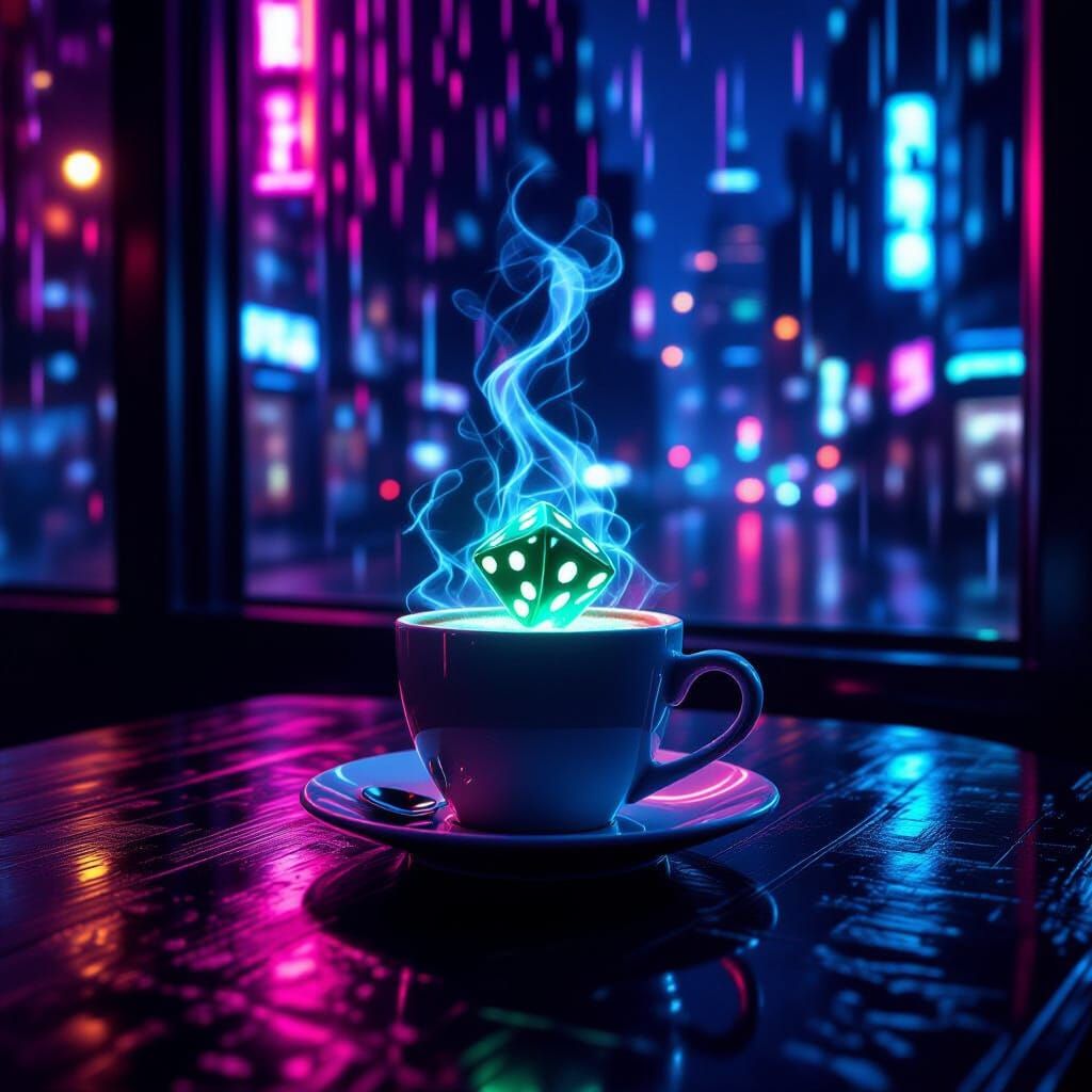 Cyberpunk Cafe Scene: Steaming Coffee With Floating Dice
