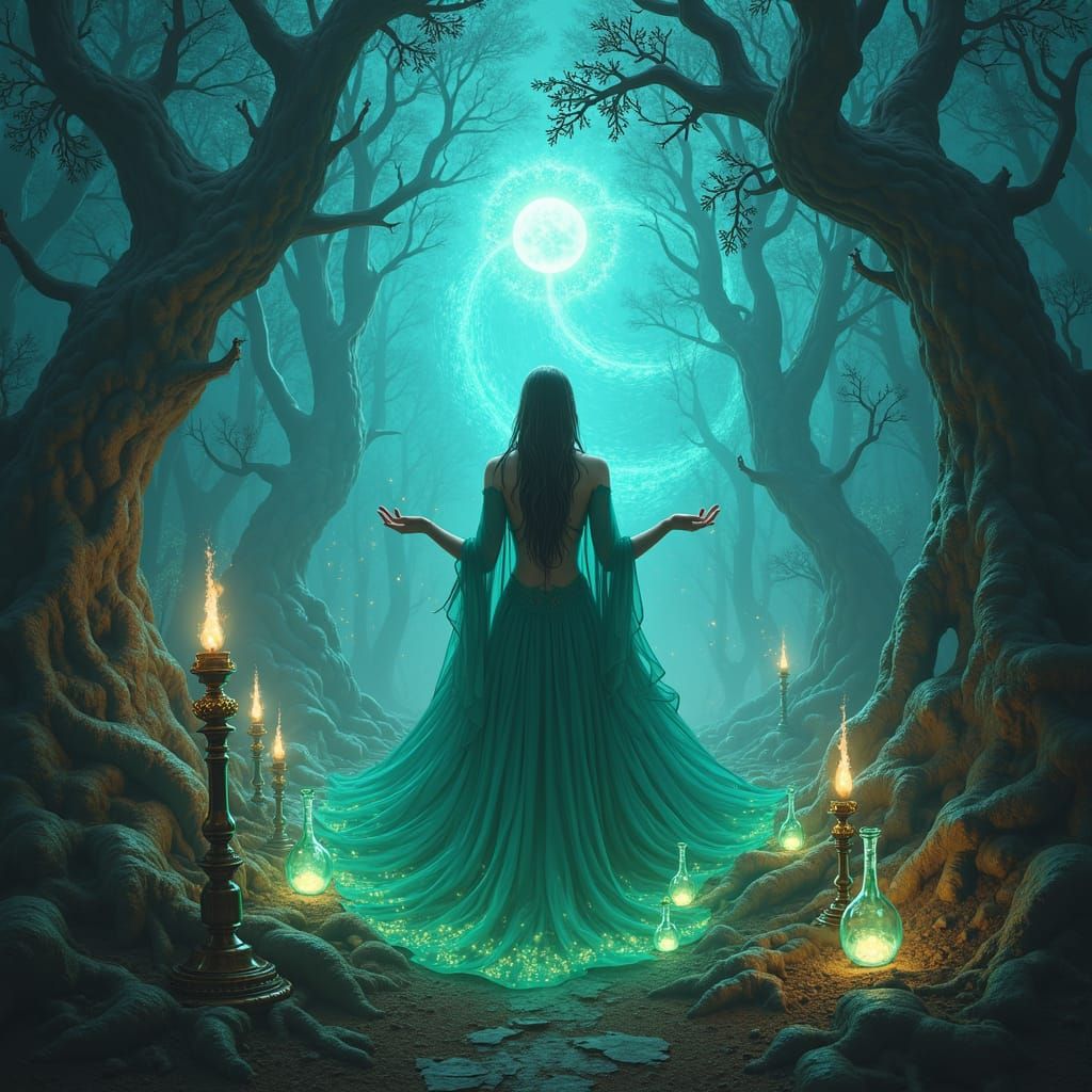 Majestic Sorceress Conjuring Music in Mystical Forest