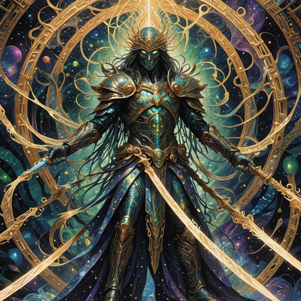 Neo-Futuristic Figure Wielding Luminescent Swords in Astral ...