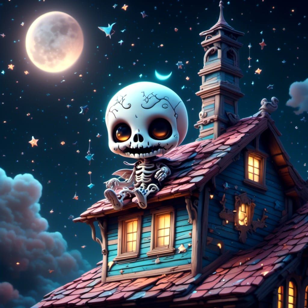 Chibi Ghost Watches Moon in 3D Digital Art