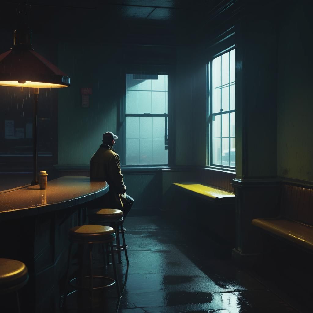 Rainy Cityscape: Edward Hopper-Inspired Digital Art