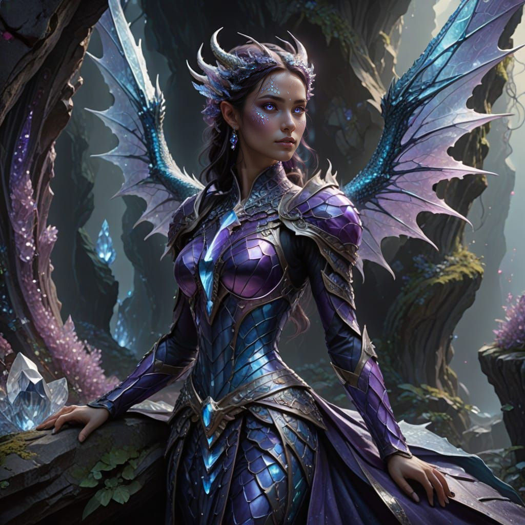 Fantasy Dragon Maiden in a Crystal Grotto