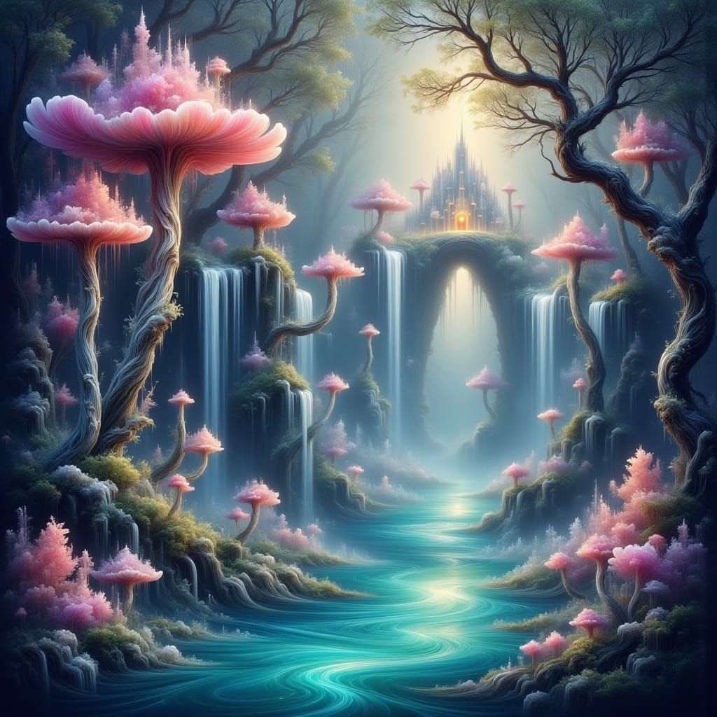 Fairy Fantasy Land with Crystal Waterfalls and Glowing Mushr...