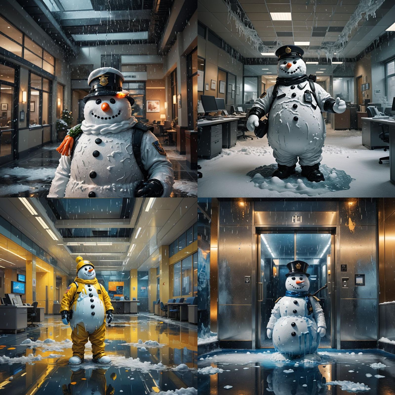 Melting Snowman Guard in Office: Detailed Matte Painting