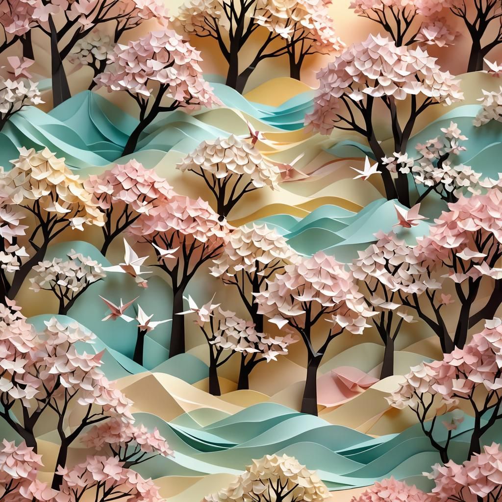 Dreamy Origami Landscape with Swaying Trees