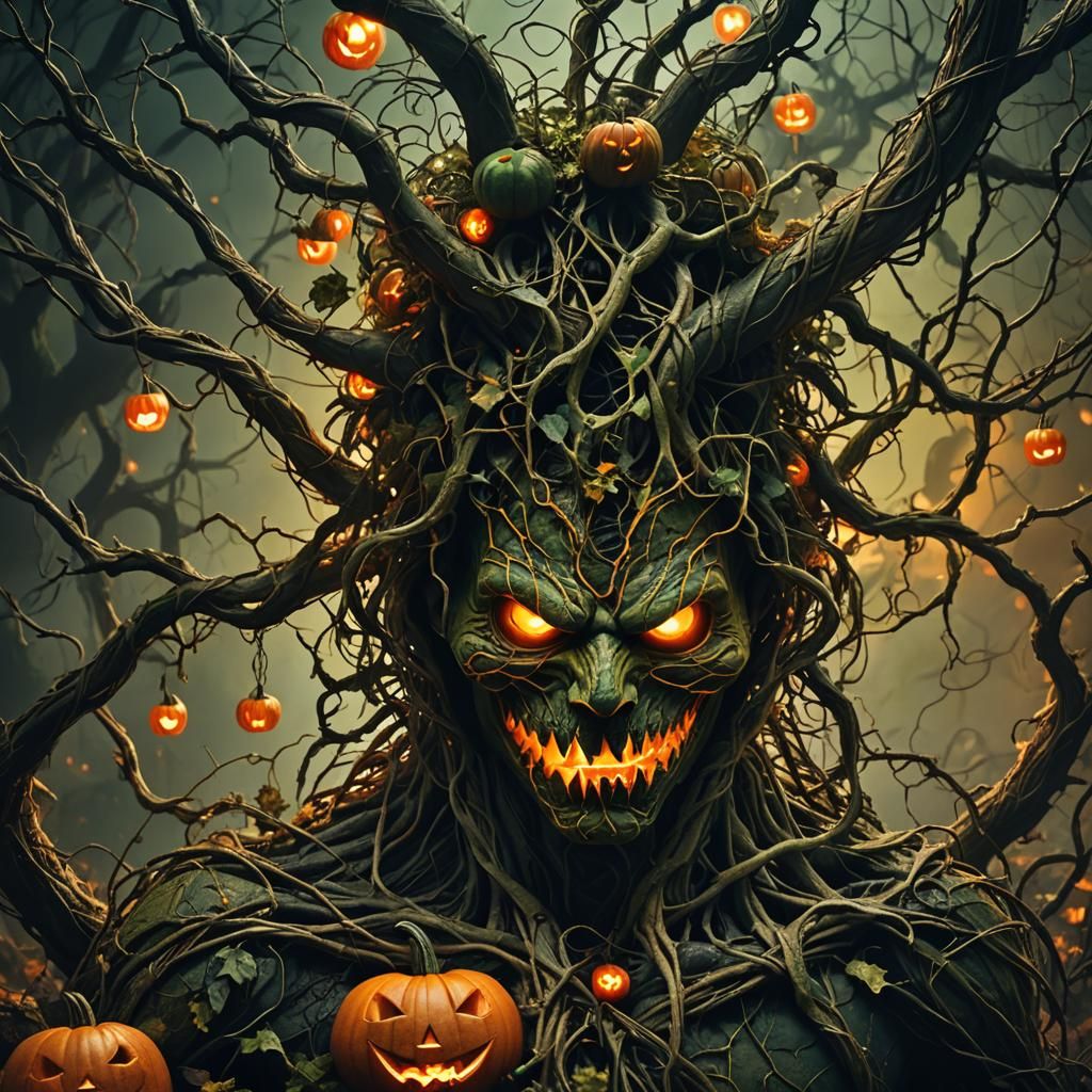 Eerie Vine Creature with Jack-o'-Lantern Head