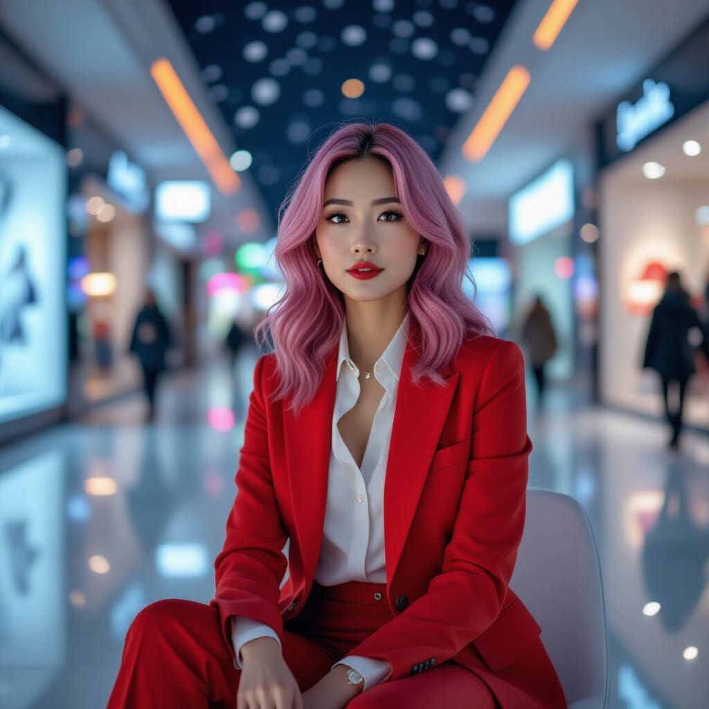 Futuristic Asian Woman in Red Suit with Neon Reflections