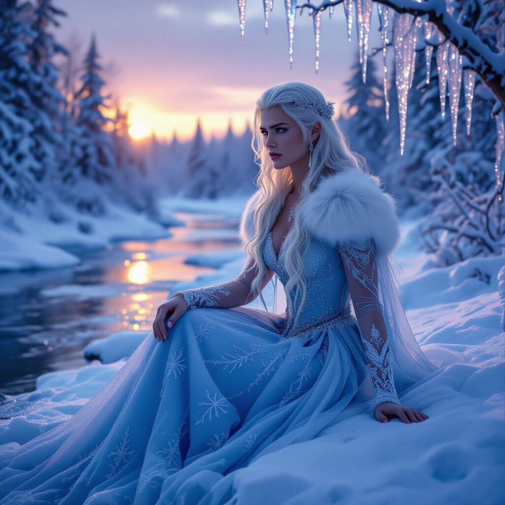 Ethereal Ice King in Frozen Forest Sunset Portrait