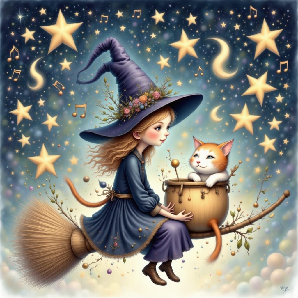 Whimsical Witch and Cat Lullaby in Watercolor Style