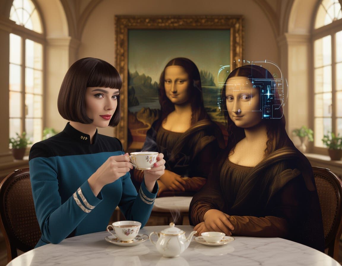 Mona Lisa Enjoys Tea with Futuristic Loxy in Renaissance Caf...