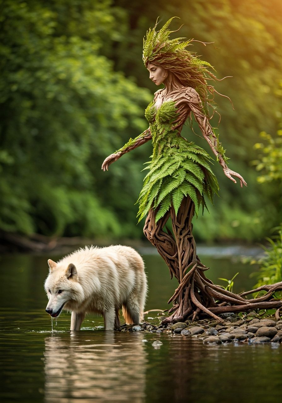 Albino Wolf and Dryad Sculpture in Enchanted Forest