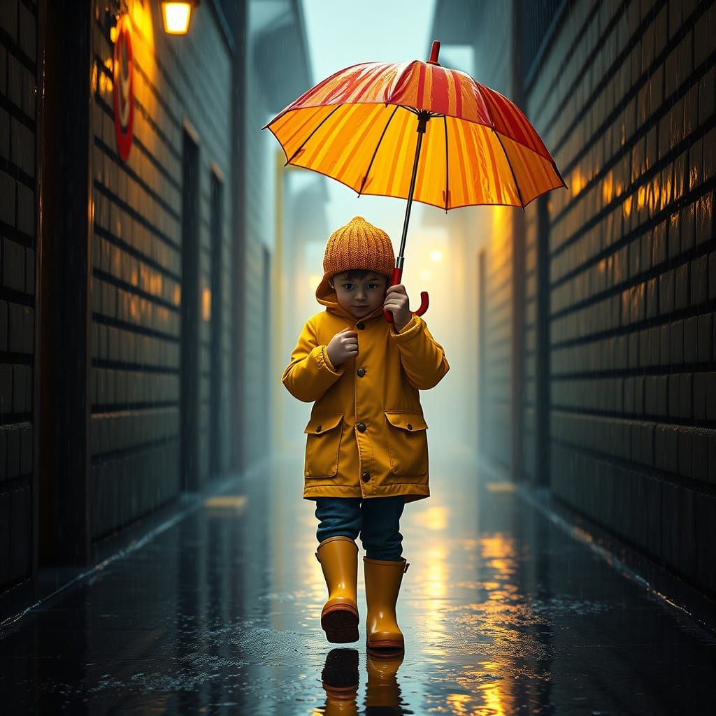 Boy Walks in Whimsical Rainy Alleyway with Umbrella and Yell...