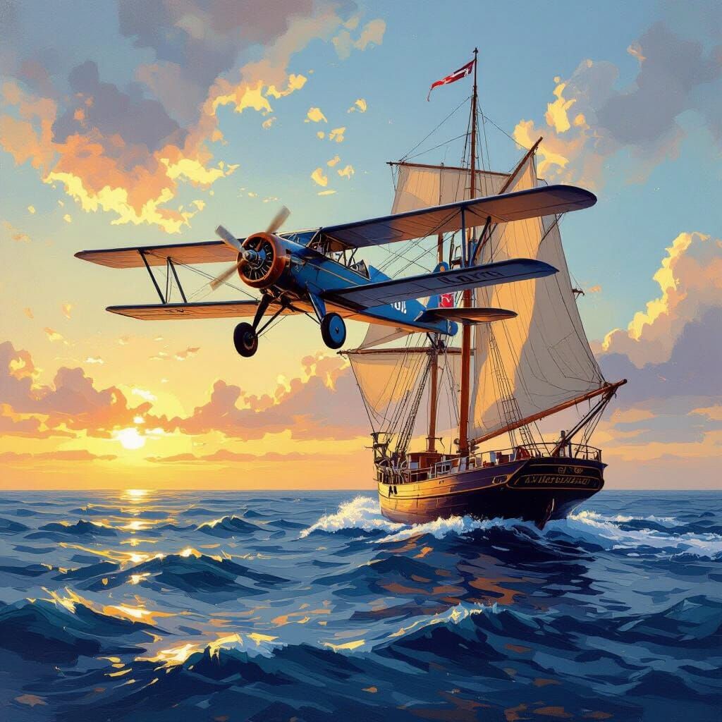 Vintage Biplane Soars Over Sailing Ship in Golden Hour