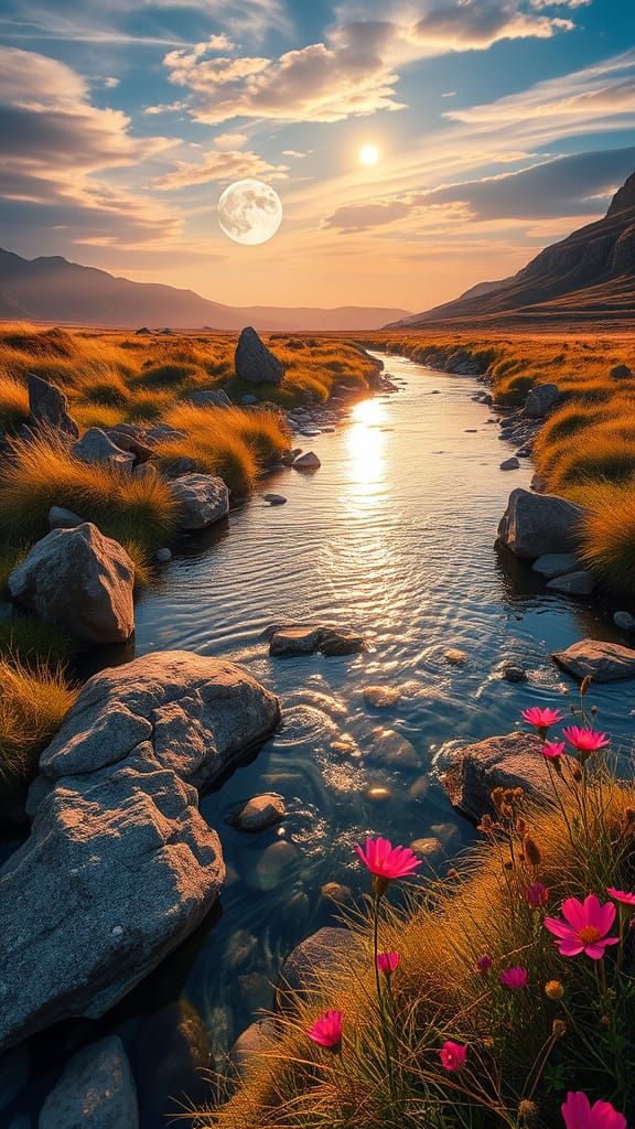 Moonlit River Landscape in a Serene, Vibrant Setting