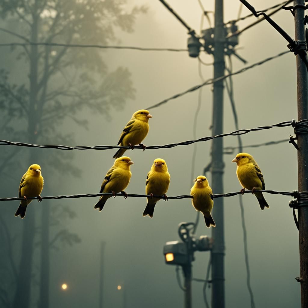 Vibrant Canaries Sipping Coffee on a Telephone Wire, Cinemat...
