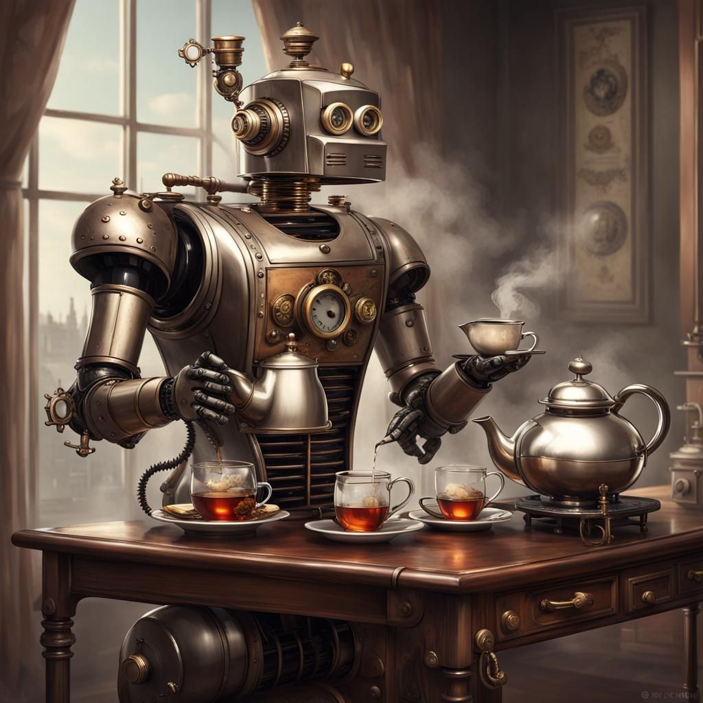 Steampunk Robot Butler Serving Tea