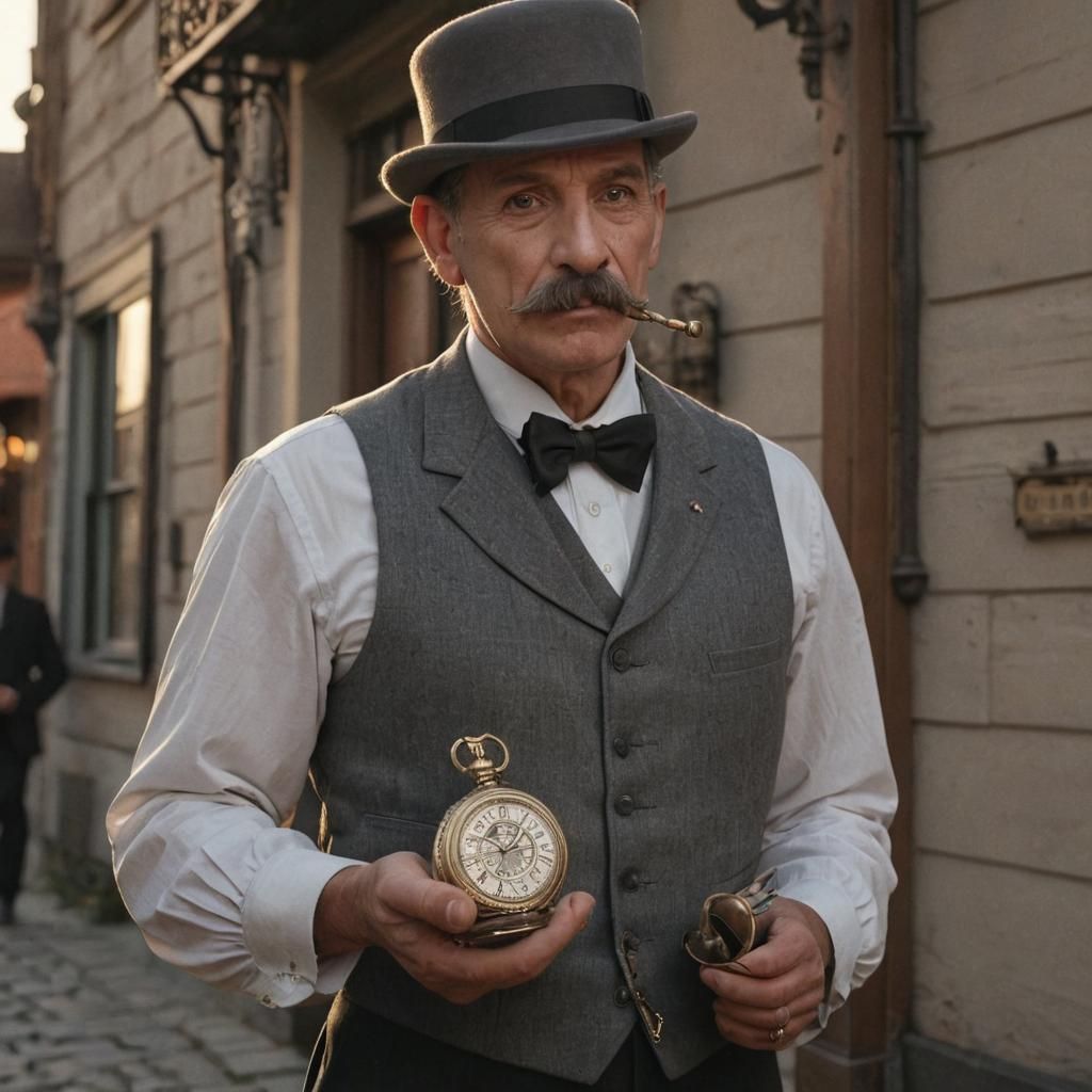 Steampunk Gentleman with Pocket Watch in Old Town