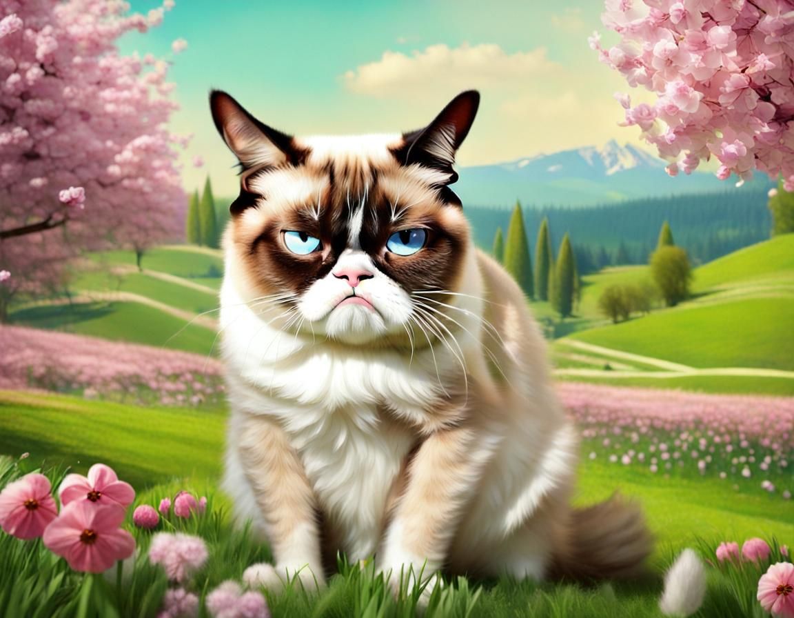 Grumpy Cat in Beautiful Spring Landscape