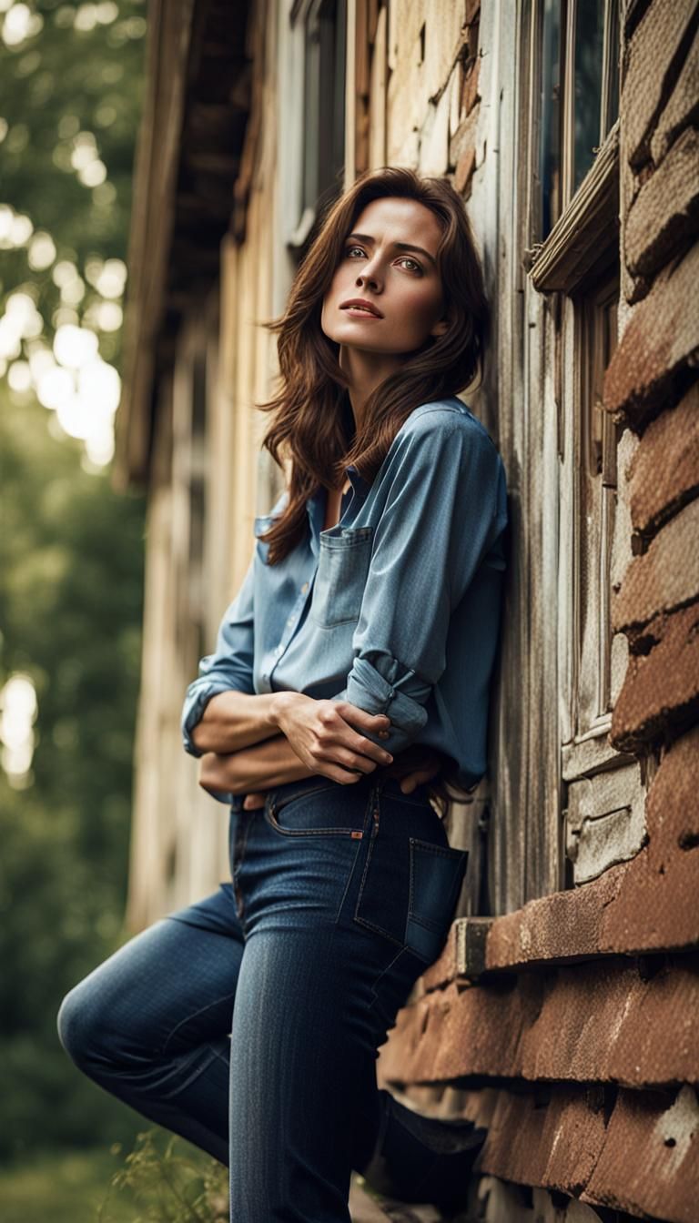 Bored Woman Leaning Against Old House in Natural Light