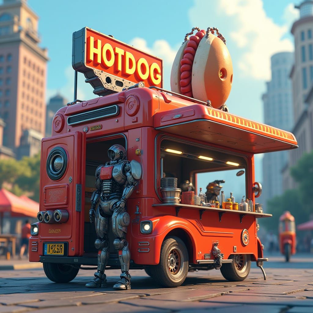 Cyberpunk Robot Hotdog Stand in Futuristic Cityscape
