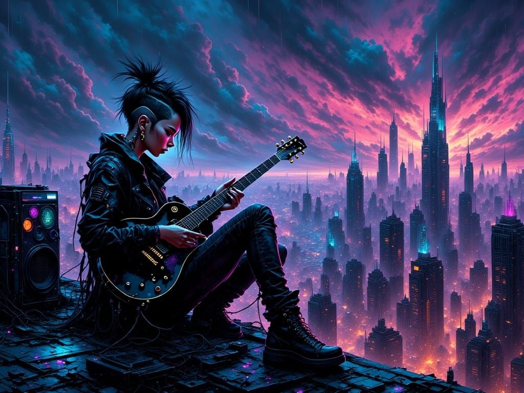Cyberpunk Guitarist on Rooftop in Neon City