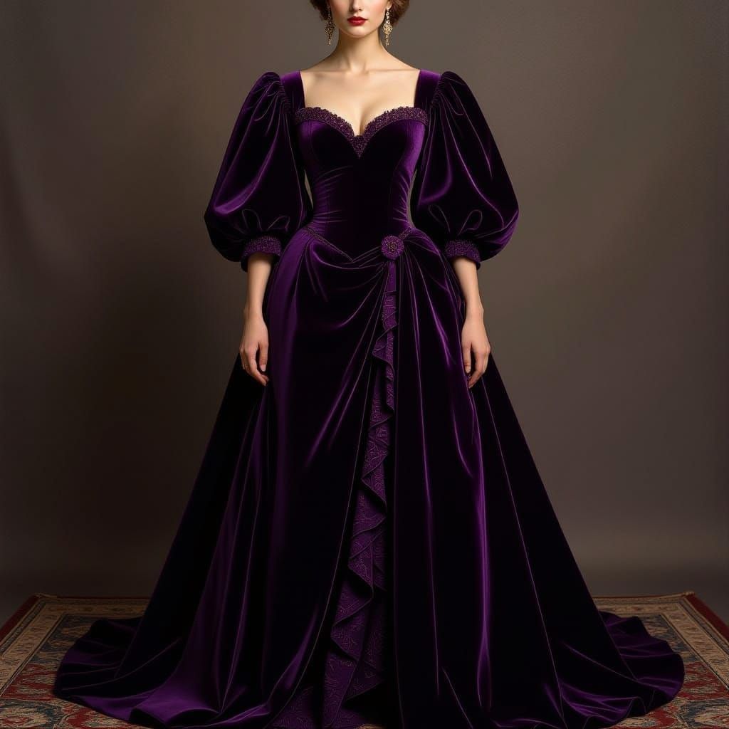 Regal Amethyst Puff-Sleeved Gown in Pre-Raphaelite Style