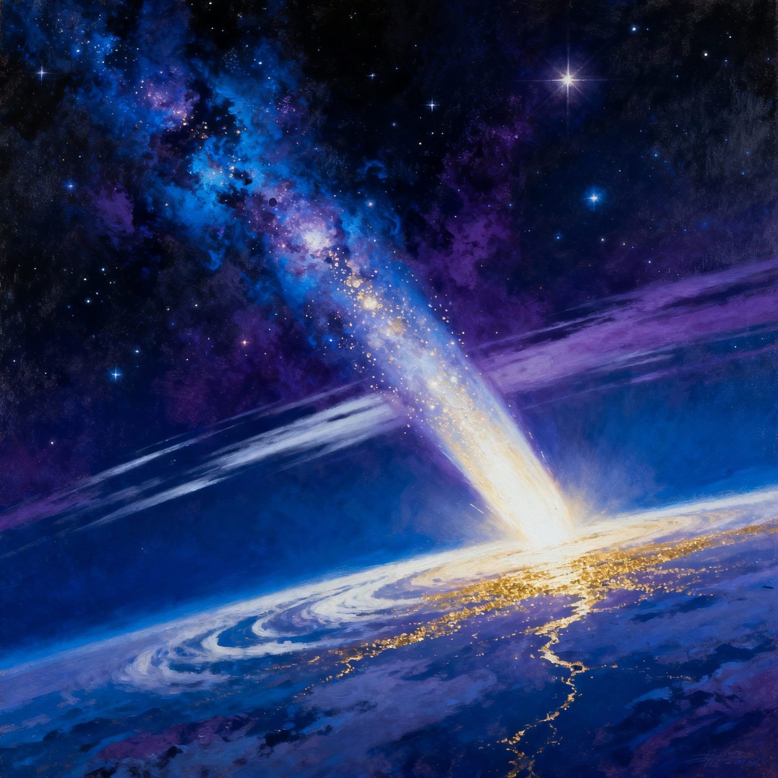 Comet Tail Streaking Across Night Sky in Digital Painting