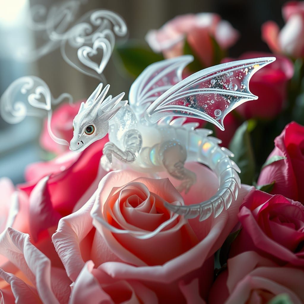 Transparent Ice Dragon Sits on Roses, Exudes Frosty Hearts