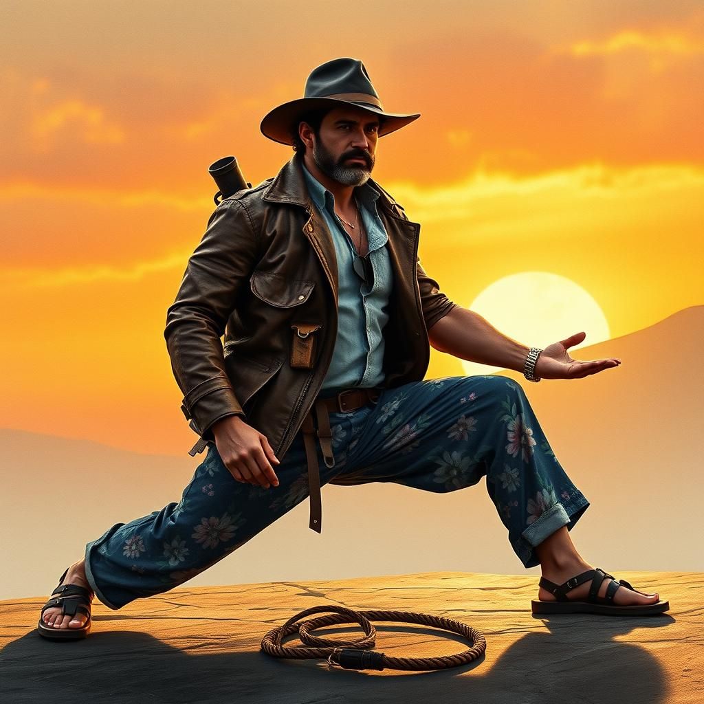 Explorer Archeologist in Yoga Pose, Watercolor Illustration