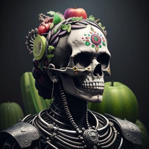 Frida Kahlo Skull Still Life in Sci-Fi Style