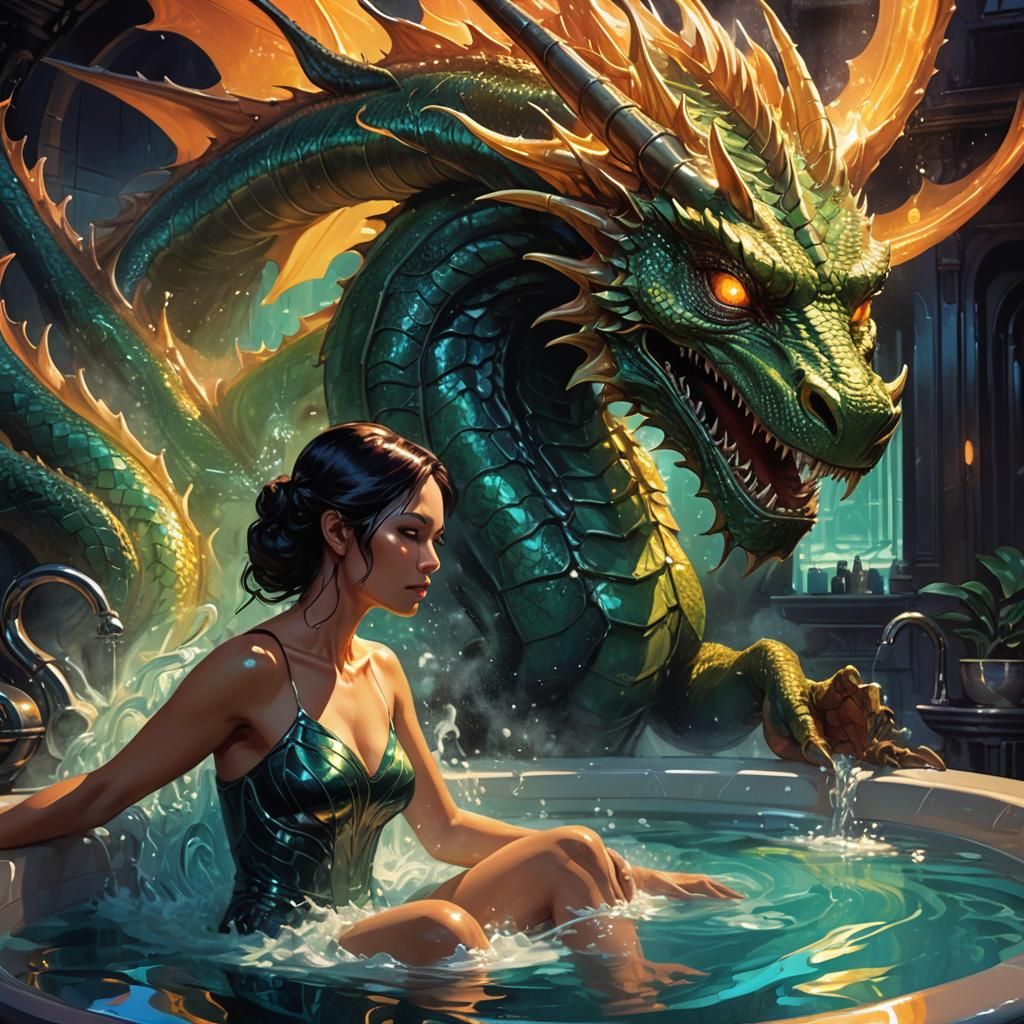 Sci-Fi Bath: Woman, Dragon, Luminous Steam