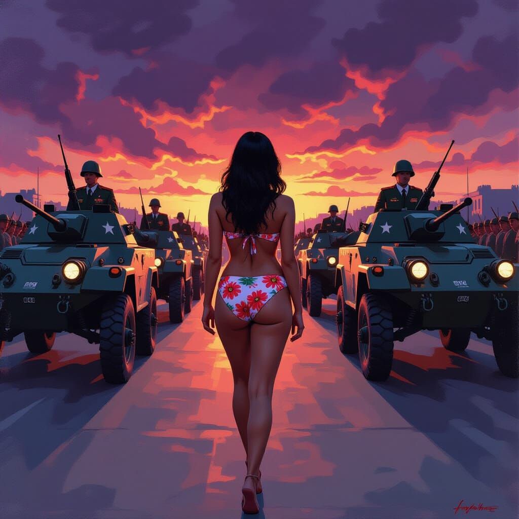 Woman in Bikini Amidst Military Parade