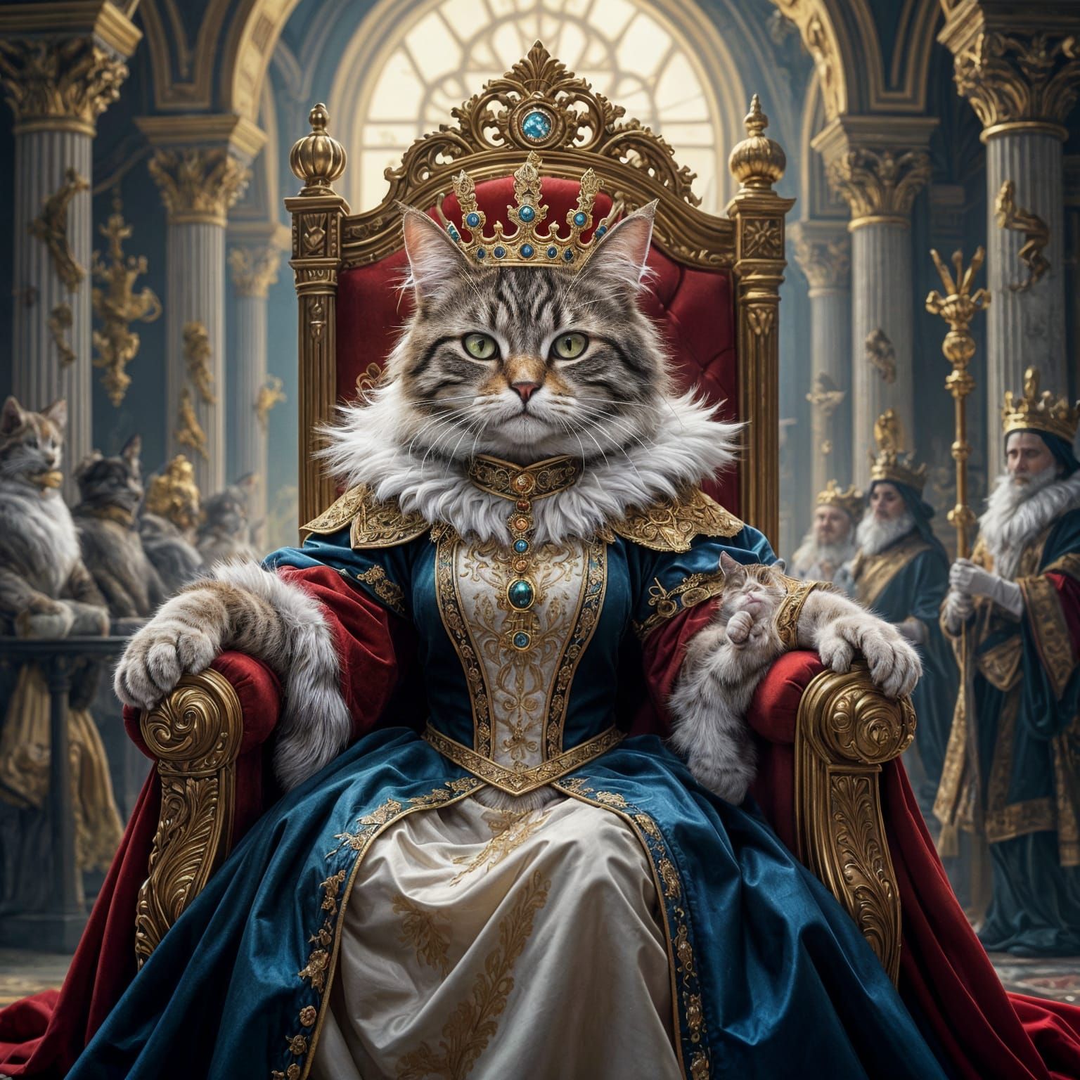 Regal Cat Queen Ruling in Palace: Oil Painting