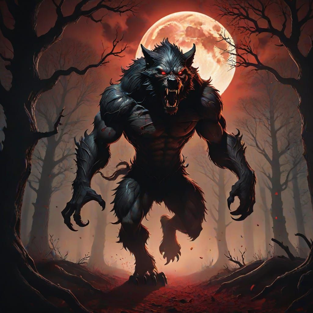 Gothic Werewolf Under Full Blood Moon in Dark Forest
