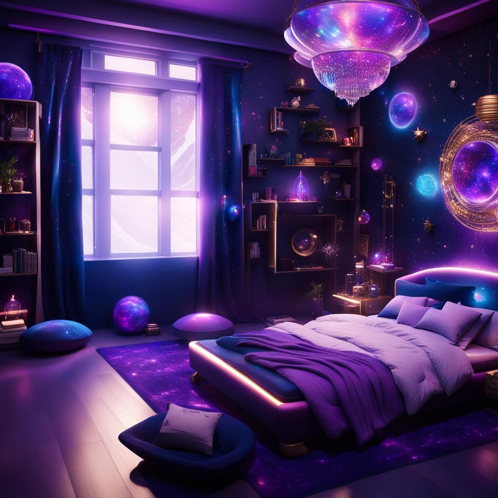 Cosmic bedroom with purple holographic walls& cobalt blue holographic windows with cosmic purple curtains& cosmic purple...