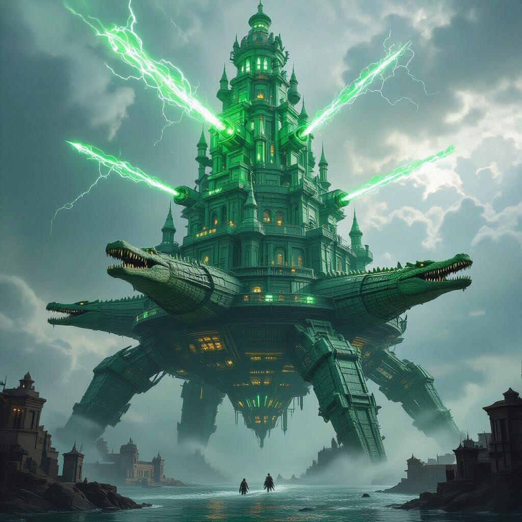 Victorian-Aztec Green Metal City Tower Fortress