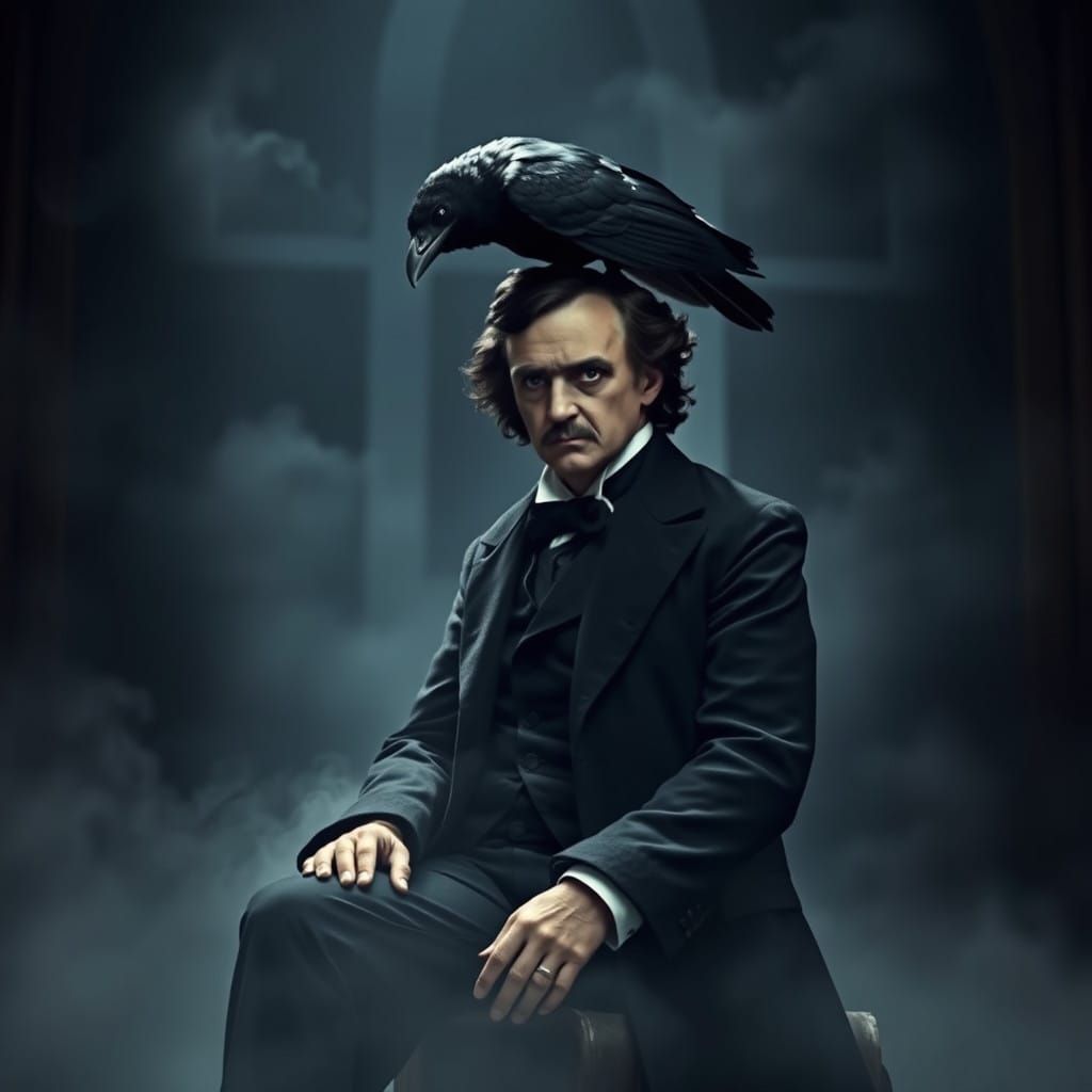 Edgar Allan Poe in Moody Gothic Setting with Raven