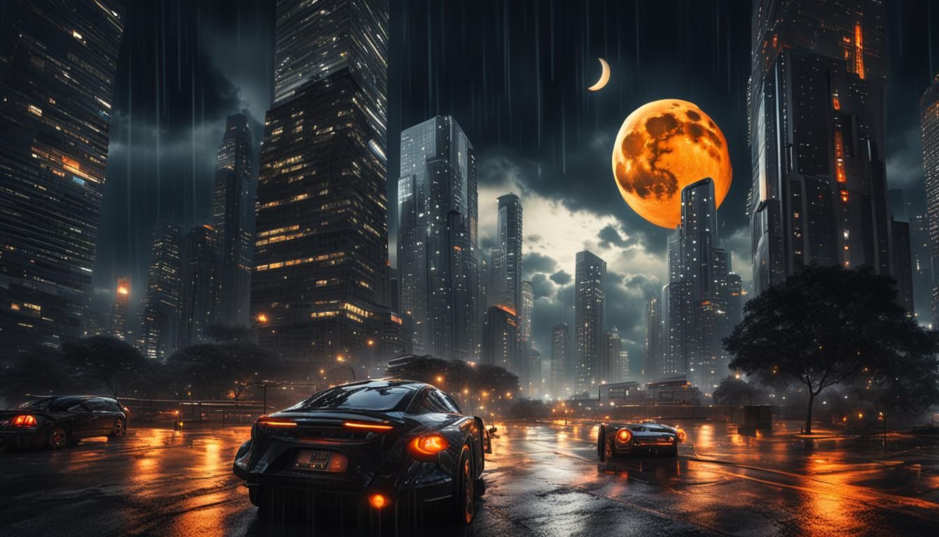 Hyperrealistic Night Cityscape with Flying Cars in Cyberpunk...