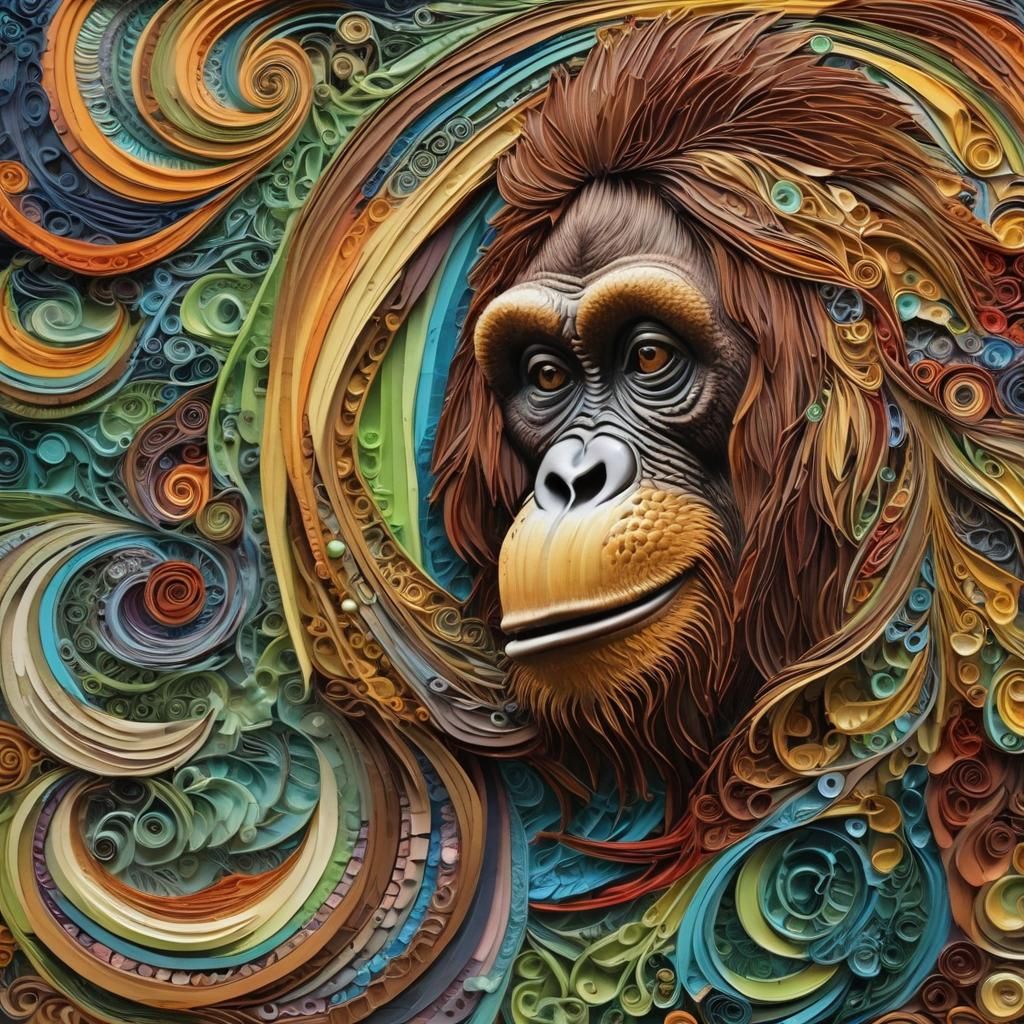 Orangutan Portrait in Alcohol Ink Gouache Style