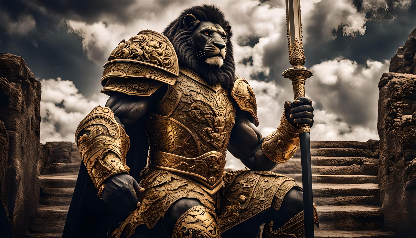 Lion King Warrior in Golden Armor with Sword