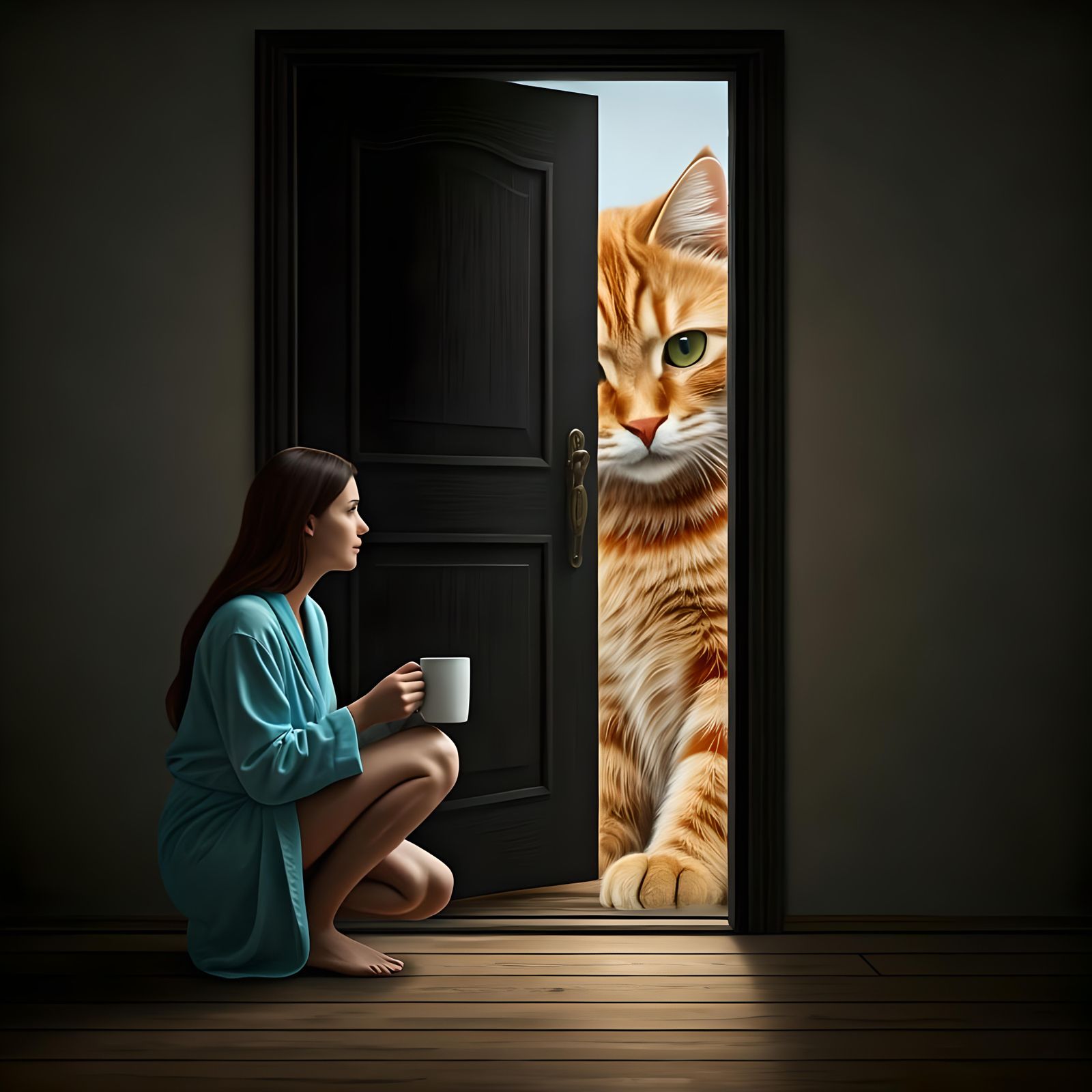Woman Chats with Giant Cat Blocking Doorway