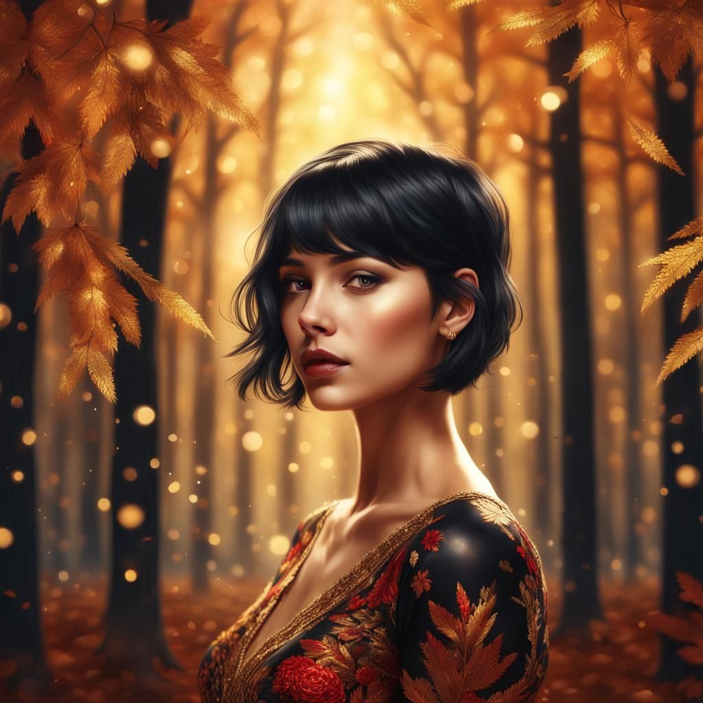 Girl in Gold Dress in Autumn Forest