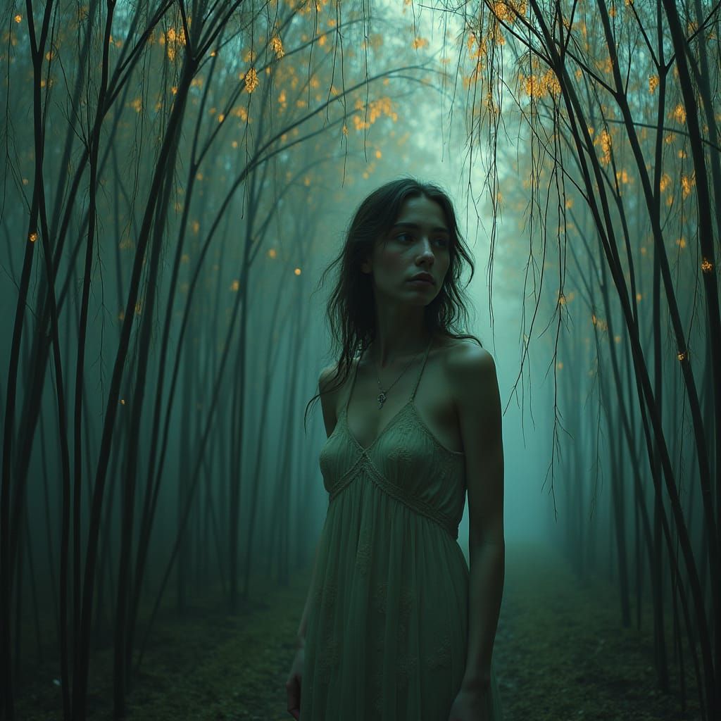 Melancholic Woman in Surreal Willow Garden