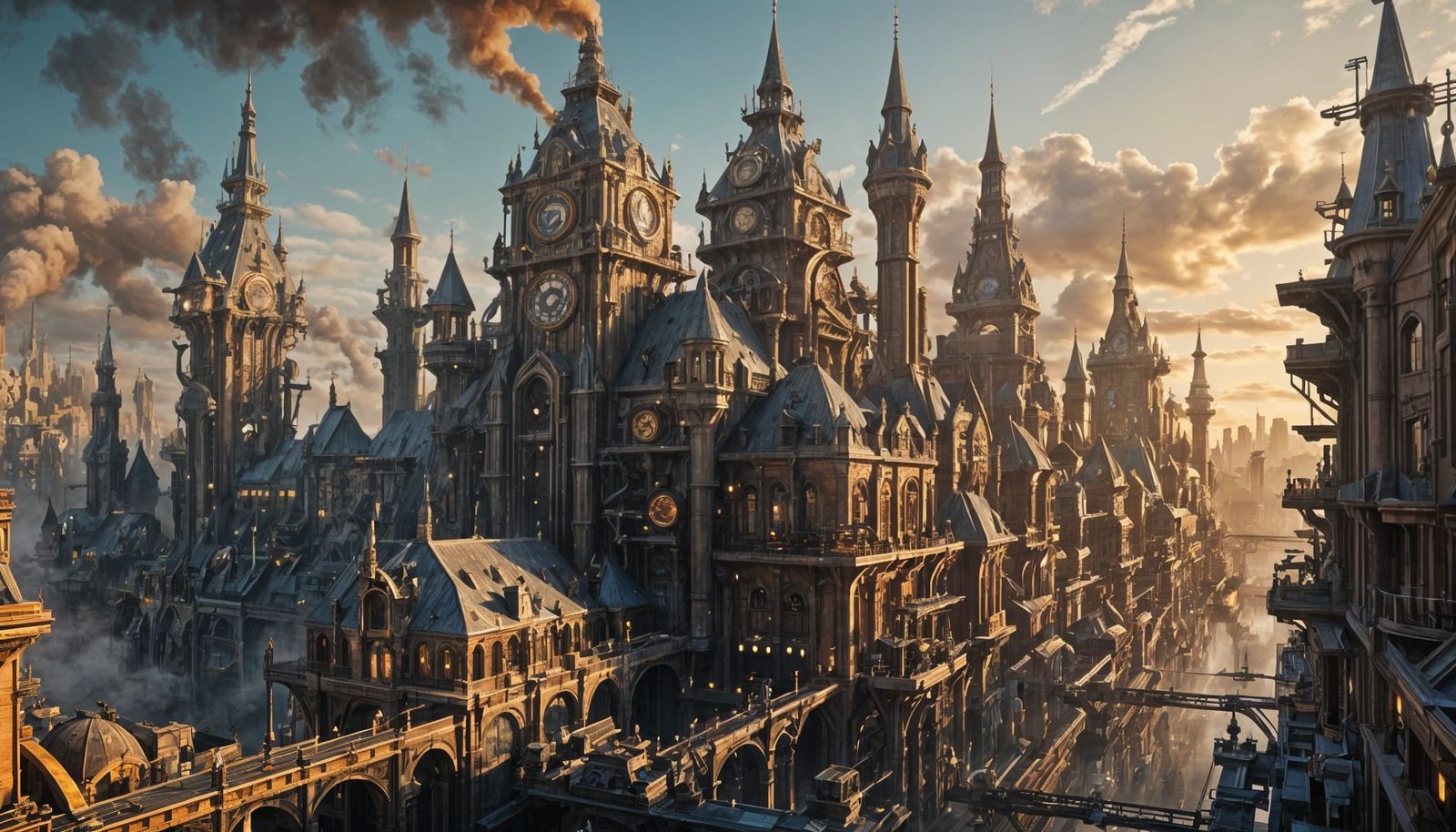 Futuristic Steampunk Metropolis at Dawn in Hyperrealism