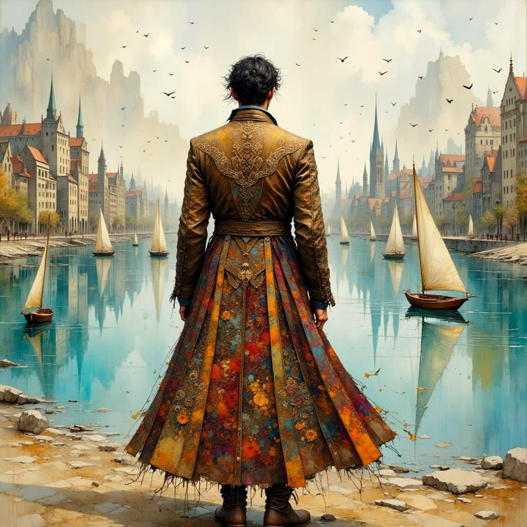 Man with Cityscape Coat Gazing at Lake as Impasto Painting