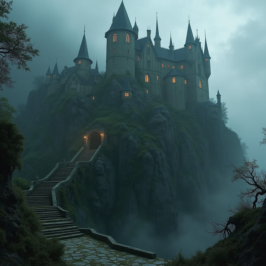 Castle Dracula Perched on Mist-Shrouded Peak
