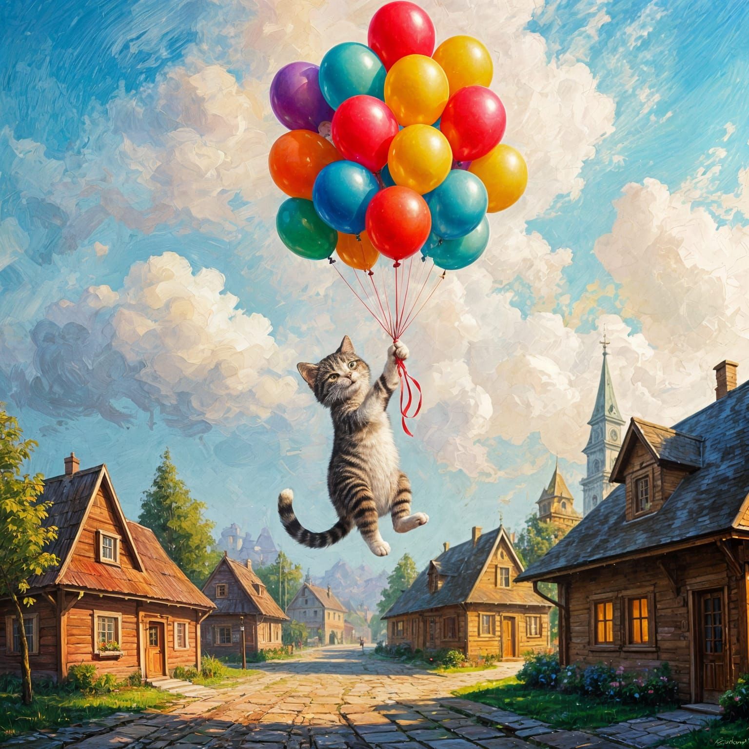 Cat Ascends with Balloons in Impasto Oil Painting